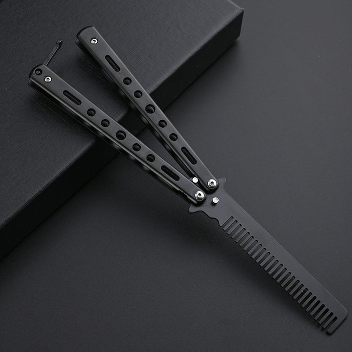 Butterfly Balisong Style Comb Foldable Comb Stainless Steel Practice Training Butterfly Knifee Comb Beard Moustache Brushe Salon Hairdressing Hair Styling Tool