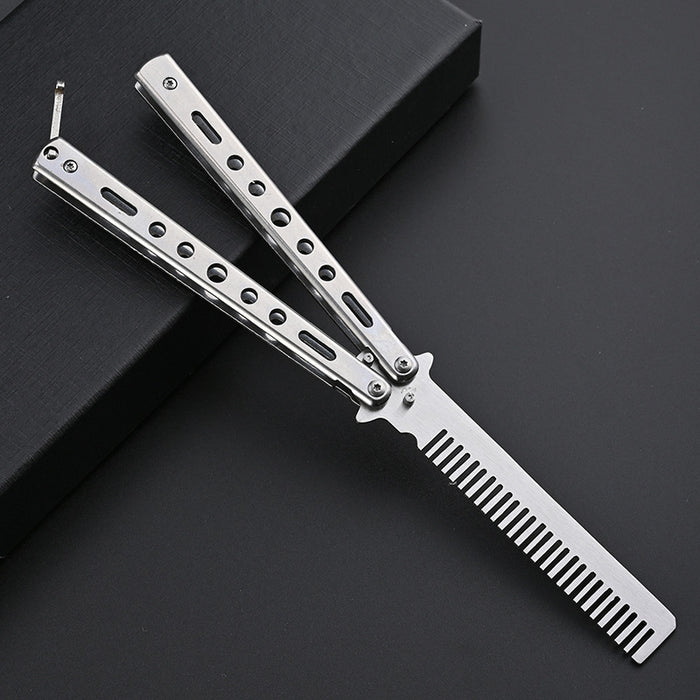 Butterfly Balisong Style Comb Foldable Comb Stainless Steel Practice Training Butterfly Knifee Comb Beard Moustache Brushe Salon Hairdressing Hair Styling Tool