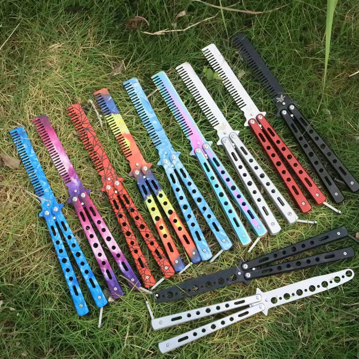 Butterfly Balisong Style Comb Foldable Comb Stainless Steel Practice Training Butterfly Knifee Comb Beard Moustache Brushe Salon Hairdressing Hair Styling Tool