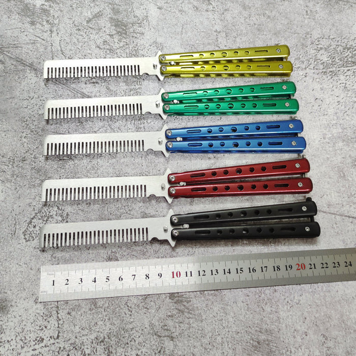 Butterfly Balisong Style Comb Foldable Comb Stainless Steel Practice Training Butterfly Knifee Comb Beard Moustache Brushe Salon Hairdressing Hair Styling Tool