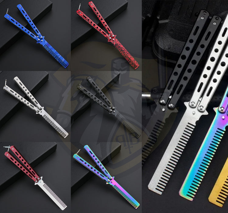 Butterfly Balisong Style Comb Foldable Comb Stainless Steel Practice Training Butterfly Knifee Comb Beard Moustache Brushe Salon Hairdressing Hair Styling Tool